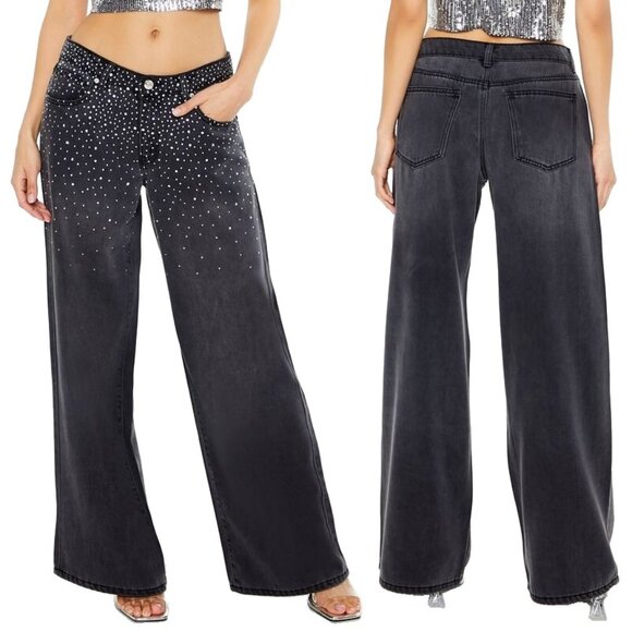 Forever 21 Denim - New! Forever 21 Rhinestone Low Rise Baggy Jeans Black Denim Size 30 Pants